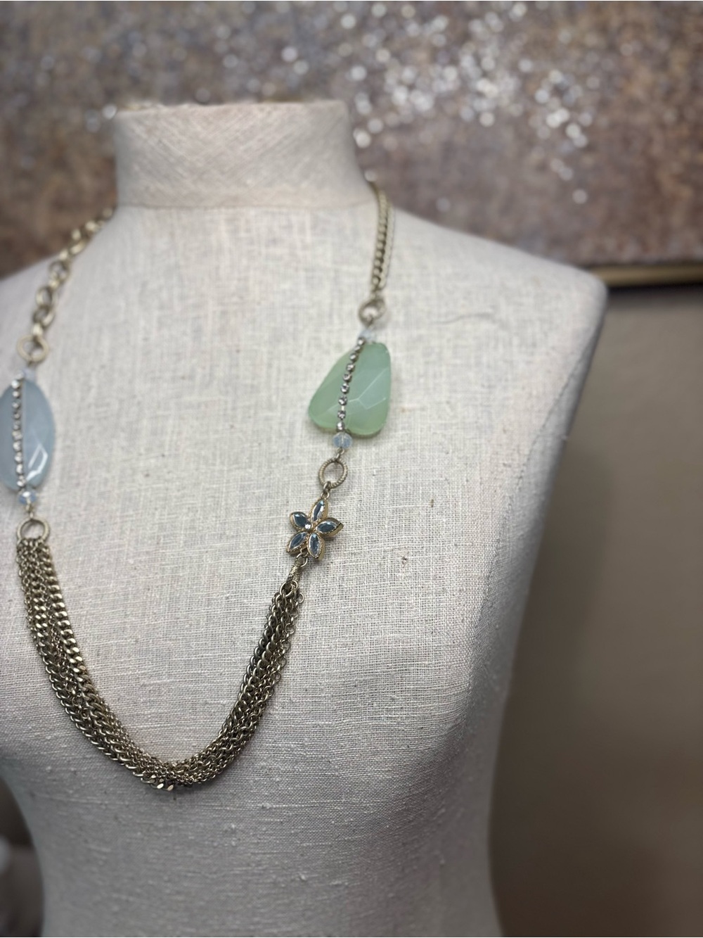 Robert Rose Sage Green & Blue Multi-Chain Statement Necklace Boho Chic